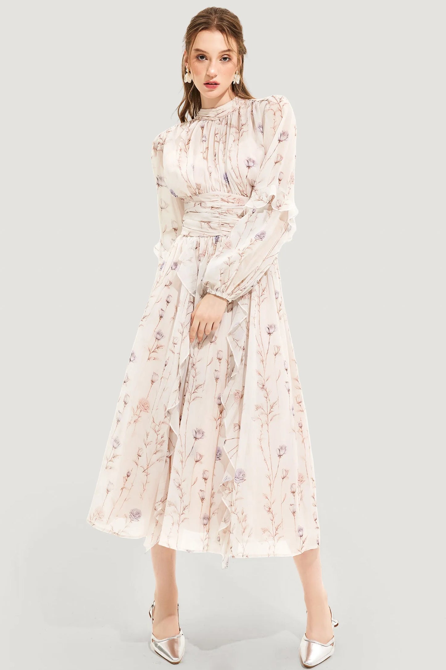 Women's Elegant Lightweight Floral Maxi Dress with Pleated Skirt