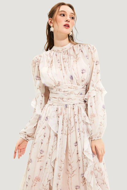 Women's Elegant Lightweight Floral Maxi Dress with Pleated Skirt