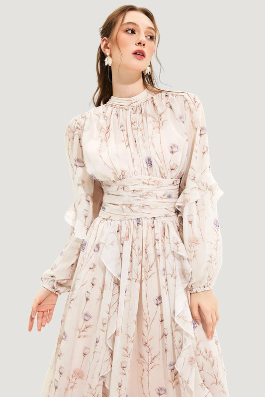 Women's Elegant Lightweight Floral Maxi Dress with Pleated Skirt