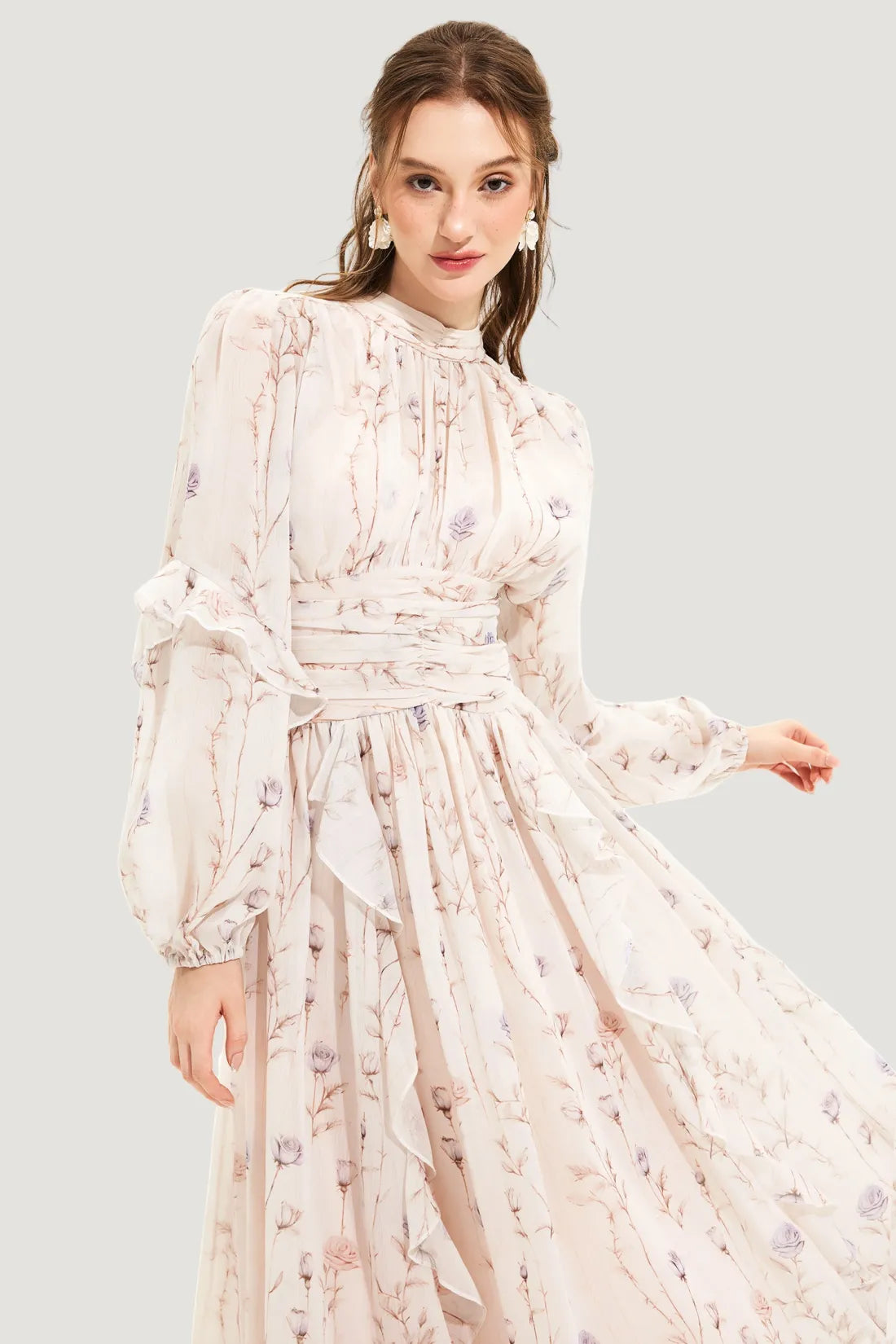 Women's Elegant Lightweight Floral Maxi Dress with Pleated Skirt