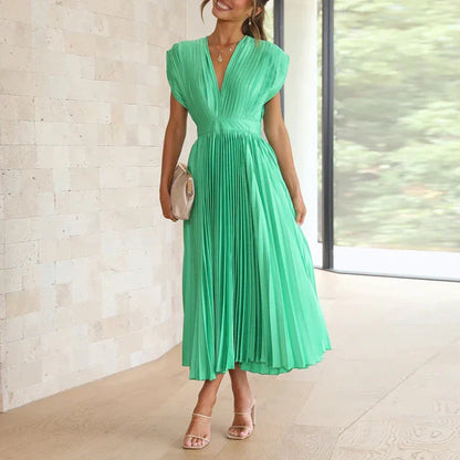 Women's Elegant Pleated Maxi Dress with V-Neck Design