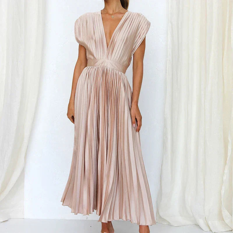 Women's Elegant Pleated Maxi Dress with V-Neck Design