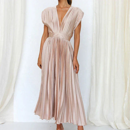 Women's Elegant Pleated Maxi Dress with V-Neck Design