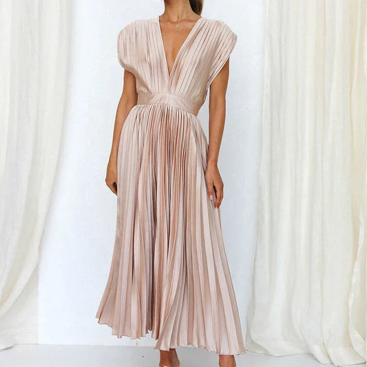 Women's Elegant Pleated Maxi Dress with V-Neck Design