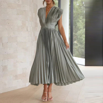 Women's Elegant Pleated Maxi Dress with V-Neck Design