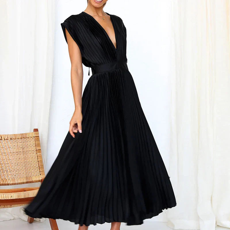 Variant image for Women's Elegant Pleated Maxi Dress with V-Neck Design-2