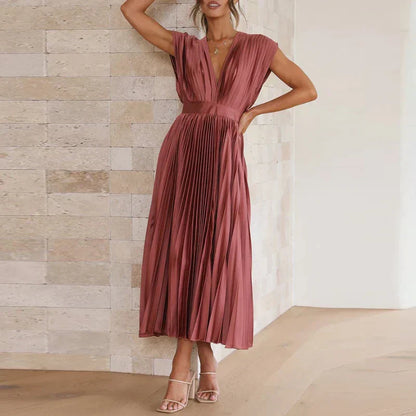 Women's Elegant Pleated Maxi Dress with V-Neck Design