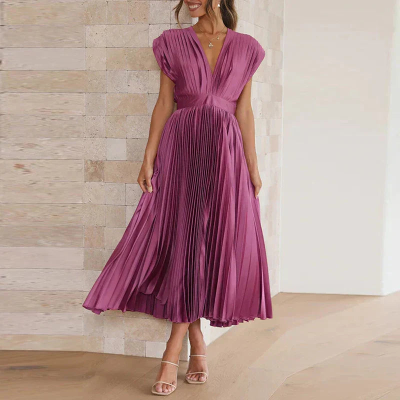 Variant image for Women's Elegant Pleated Maxi Dress with V-Neck Design-14