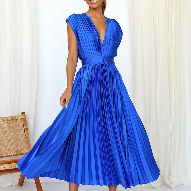 Variant image for Women's Elegant Pleated Maxi Dress with V-Neck Design-6