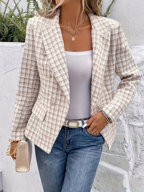 Women's Elegant Business Double-Breasted Blazer with Plaid Pattern | For Formal Occasions