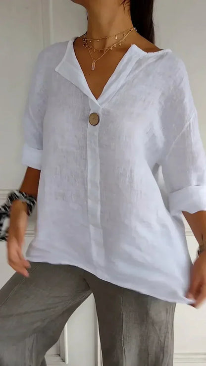 Women's Comfortable Cotton and Linen Top with Classic V-Neck Design