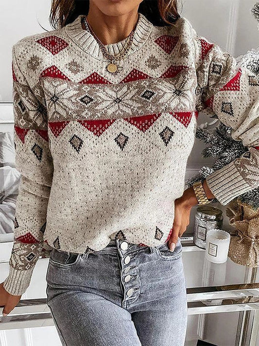 Casual Crew Neck Jumper with Apricot Geometric Design for Women | Ideal for Winter