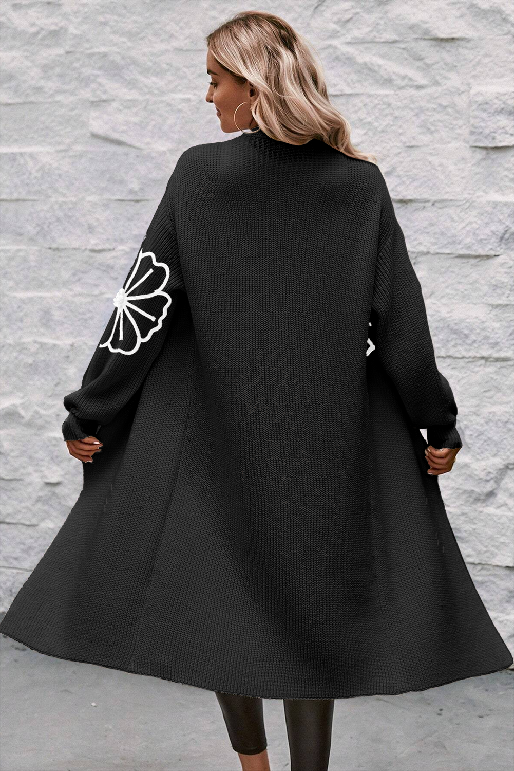 Women's Chic Long Open Drop Shoulder Cardigan with Floral Embroidery | Ideal for Winter