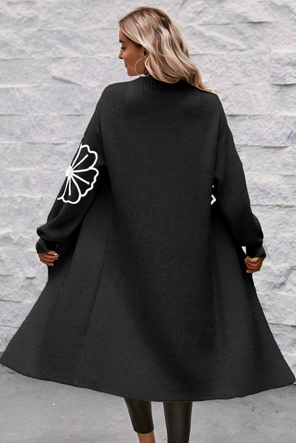 Women's Chic Long Open Drop Shoulder Cardigan with Floral Embroidery | Ideal for Winter