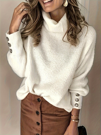 Women's Casual Beige Turtleneck Jumper with Long Sleeves and Button Details | Ideal for Winter