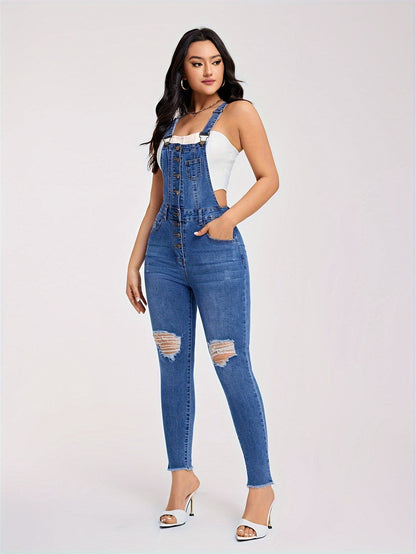 Women's Edgy Denim Jumpsuit with Distressed Details for Casual Style