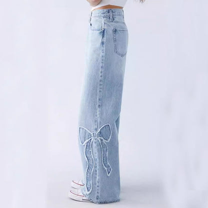 Women's Stylish Wide Leg Ribbon Baggy Jeans | Perfect for Casual Days