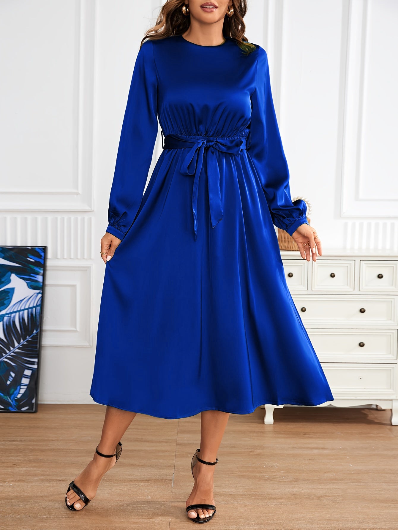 Casual Satin Crew Neck Tie Waist A-Line Long Sleeve Formal Dress for Women | For Formal Occasions