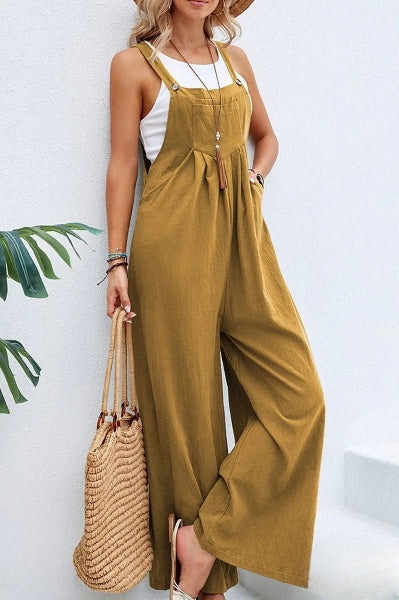 Women's Loose Square Neck Linen Jumpsuit with Adjustable Strap | Ideal for Summer