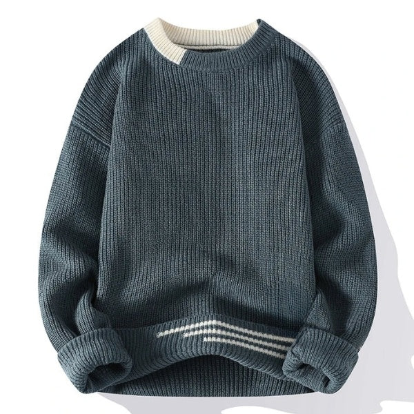 Men's Casual Knitted Jumper with Contrast Collar and Striped Hem | Ideal for Winter