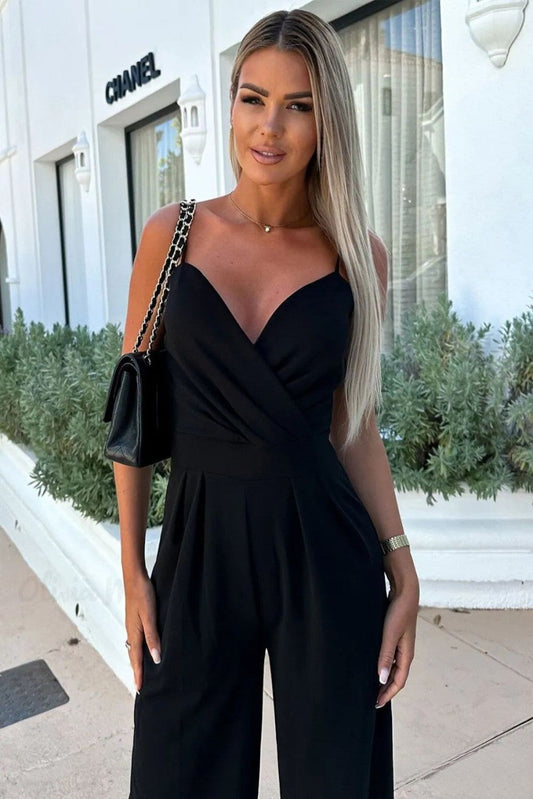 Women's Black Wrap Sleeveless Pleated Wide-Leg Jumpsuit | Ideal for Summer