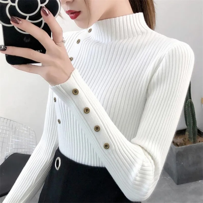 Women's Stretchy Turtleneck Knitted Jumper with Buttons for Women | Ideal for Winter