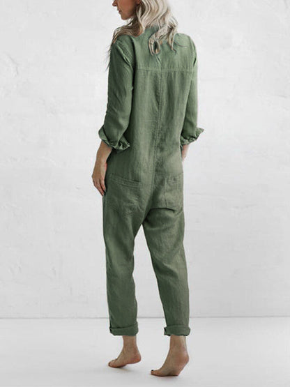 Women's Casual Long Sleeve Linen Jumpsuit with Buttons | Ideal for Summer