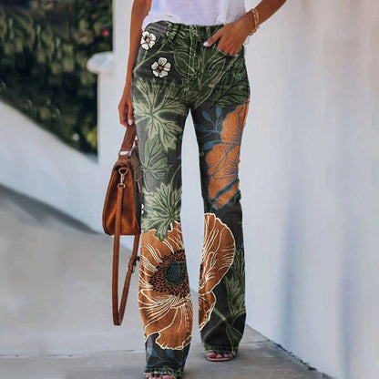 Women's Classic Floral Print Flared Pants with Buttons | Perfect for All Seasons