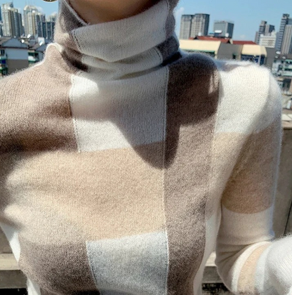 Women's Elegant Slim Fit Checked Knitted Turtleneck Jumper | Ideal for Winter