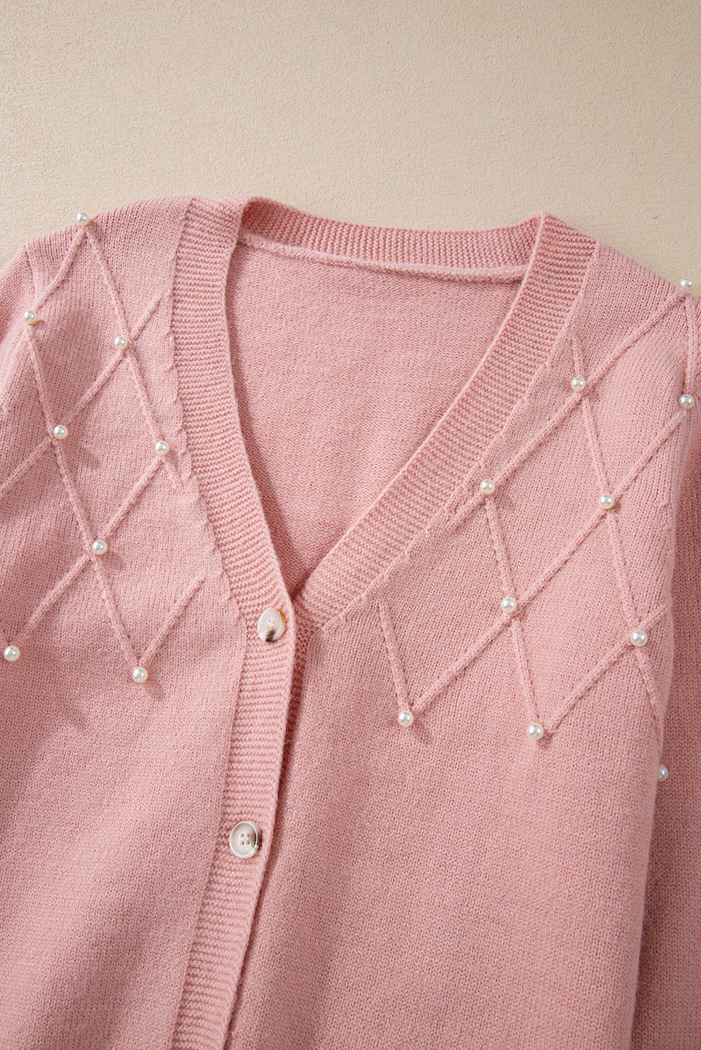 Women's Refined Textured Pink Cashmere Knit Button-Up Cardigan with Pearls| Ideal for Winter