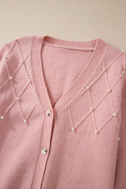 Women's Refined Textured Pink Cashmere Knit Button-Up Cardigan with Pearls| Ideal for Winter