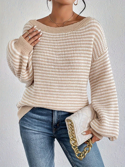 Casual Striped Off Shoulder Knit Sweater with Stretchy Fabric and Round Neck for Women | Perfect for Casual Days