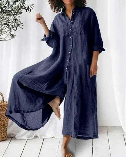 Women's Oversized V-Neck Long Sleeve Linen Jumpsuit with Buttons | Ideal for Summer