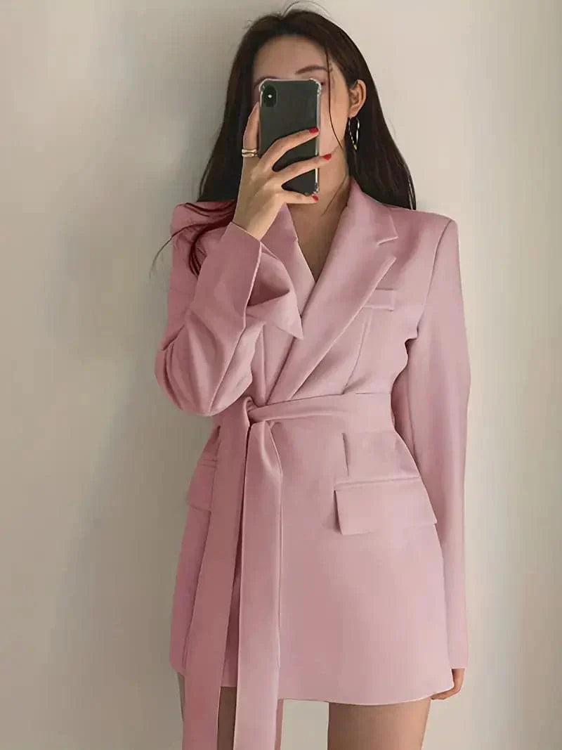 Women's Casual Pocket Blazer Dress with Long Belt | Perfect for Casual Days