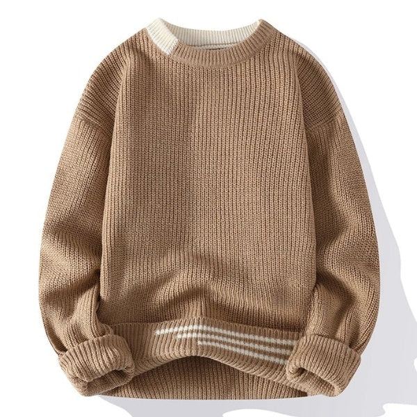 Men's Casual Knitted Jumper with Contrast Collar and Striped Hem | Ideal for Winter