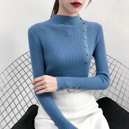 Women's Stretchy Turtleneck Knitted Jumper with Buttons for Women | Ideal for Winter