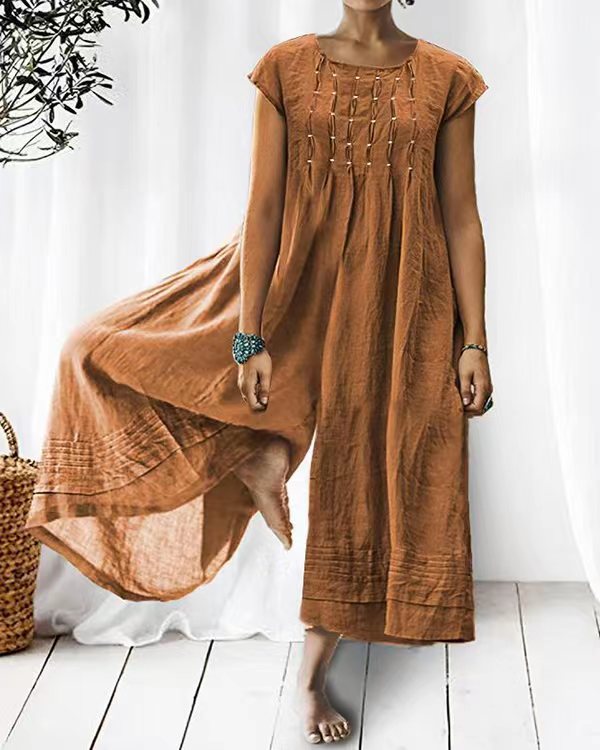 Women's Wide-Leg Button-Down Short Sleeve Linen Jumpsuit | Ideal for Summer