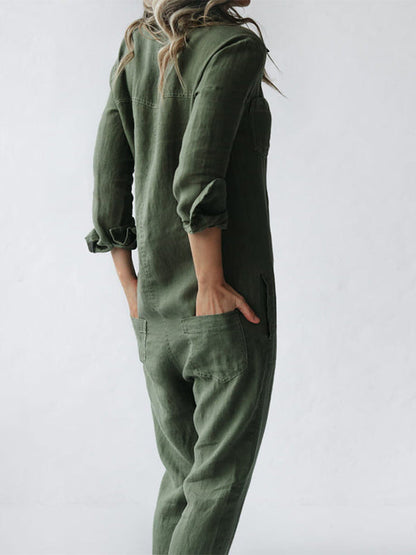 Women's Casual Long Sleeve Linen Jumpsuit with Buttons | Ideal for Summer