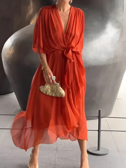 Women's Elegant Lightweight Wrap Midi Dress with Adjustable Fit
