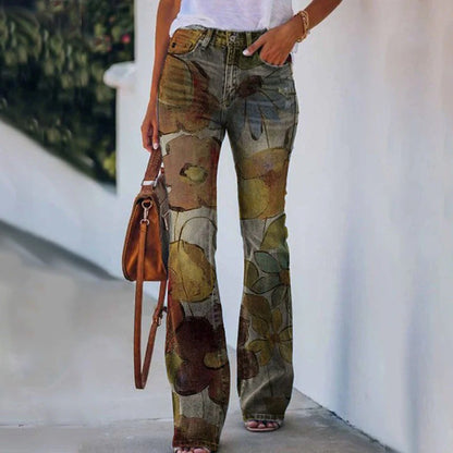 Women's Classic Floral Print Flared Pants with Buttons | Perfect for All Seasons