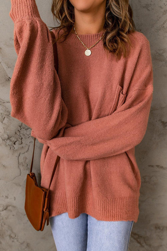 Women's Oversize Pink Round Neck Knit Jumper with Pocket | Ideal for Winter