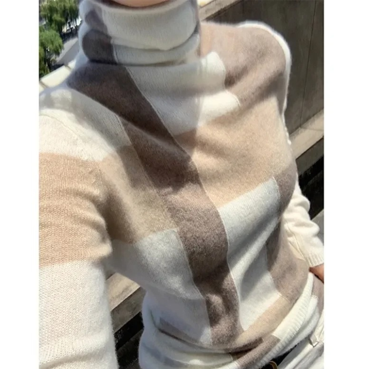 Women's Elegant Slim Fit Checked Knitted Turtleneck Jumper | Ideal for Winter