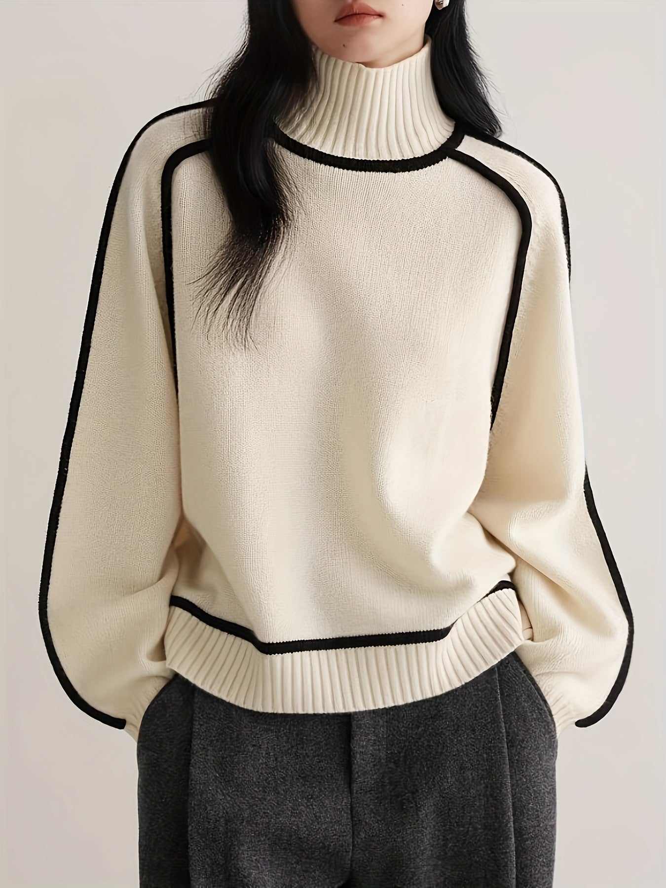 Women's Vintage Casual Ribbed Long Sleeve Turtleneck Jumper | Ideal for Winter