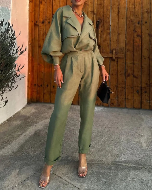 Women's Loose Fit Blazer with Long Pants Two Piece Set | Ideal for Summer