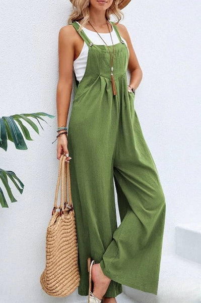 Women's Loose Square Neck Linen Jumpsuit with Adjustable Strap | Ideal for Summer
