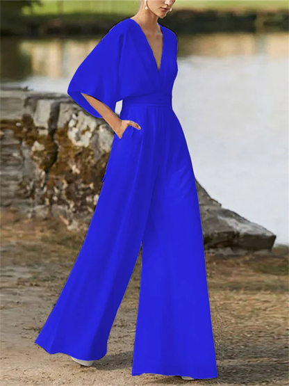 Women's Stylish Wide Leg V-neck Jumpsuit with Batwing Sleeve | Ideal for Summer