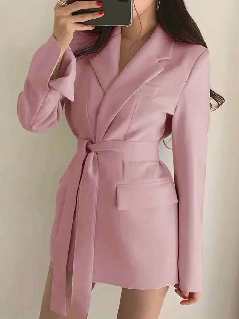 Women's Casual Pocket Blazer Dress with Long Belt | Perfect for Casual Days