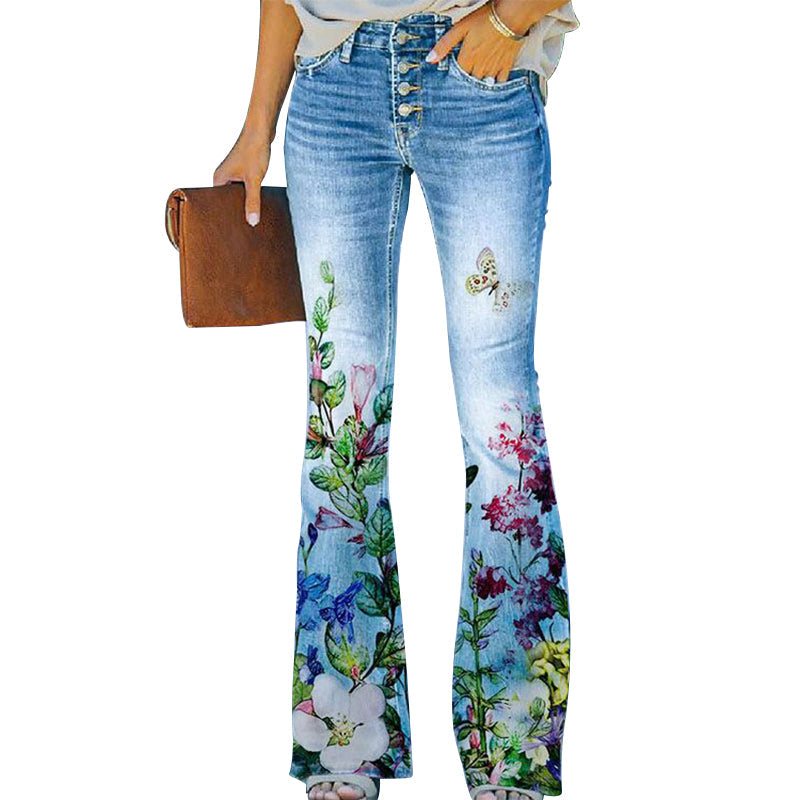 Women's Classic Floral Print Flared Pants with Buttons | Perfect for All Seasons