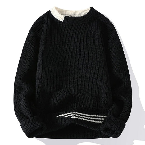 Men's Casual Knitted Jumper with Contrast Collar and Striped Hem | Ideal for Winter