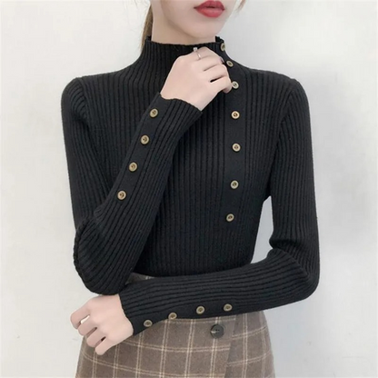 Women's Stretchy Turtleneck Knitted Jumper with Buttons for Women | Ideal for Winter